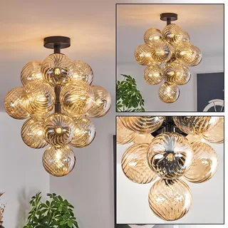 HOFSTEIN Deckenleuchte Chehalis, 13-flammige Deckenlampe aus Metall/Riffelglas in Schwarz/Bernstein, Leuchte im Retro/Vintage-Design (Schirme Ø 12 cm), G9, Esszimmer, Wohnzimmer, Schlafzimmer, Küche
