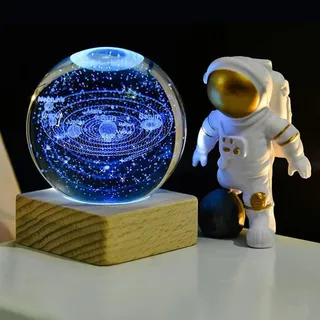 3D Kristallkugel Nachtlicht, USB 3D Sonnensystem Planeten Kristallkugel Nachtlicht Kreative Nachtszene Astronomie LED Ball Lampe,Mit Holzsockel, 3D Solar System Crystal Ball, Valentinstag Geschenke
