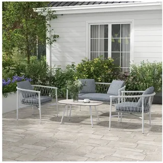 Outsunny 4 tlg. Rattan Gartenmöbel-Set, Sitzgruppe mit Schaukelfunktion, Gartengarnitur mit 1 Couchtisch, 2 Sesseln, 1 Doppelsofa, Kissen, Sitzgarnitur für Garten, Terrasse, Stahl, Grau - Grau