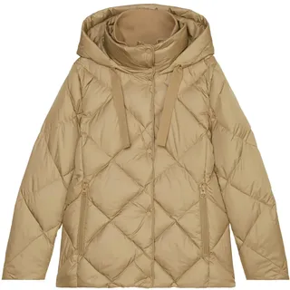 Jacket, down filled, fixed hood, stand-up collar, zip pockets, logo tapes