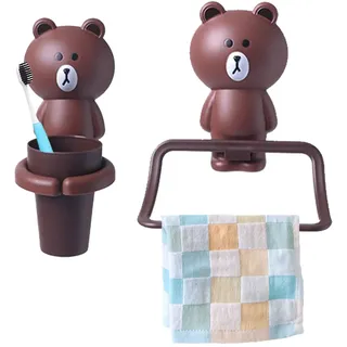 Jauhmui Zahnputzbecher Handtuchhalter Set für Kinder, Cartoon Tiere Zahnbürstenhalter, Zahnbürstenhalter ohne Bohren,Reinigungsmittel Für Babys (Braunbär)