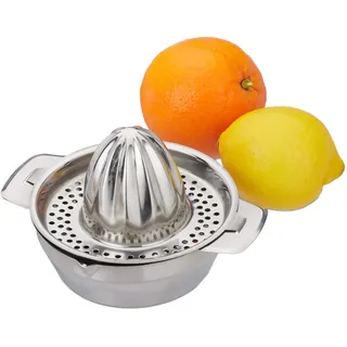 Relaxdays Zitronenpresse Edelstahl, 2-teilige Citruspresse mit Auffangbehälter, manuelles Entsaften, hochwertig, silber
