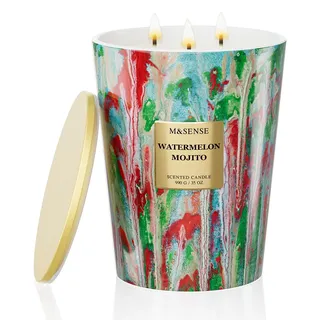 M&SENSE Große Duftkerze im Glas, Watermelon Scented Candle, 150 Stunden Brenndauer mit 3 Dochten, XXL-Kerze aus 990g Sojawachs zur Entspannung, Geschenk für Frauen, Weihnachten, Geburtstag, Muttertag