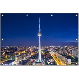 Wallario Outdoor-Poster für Garten oder Balkon, Motiv Fernsehturm Berlin bei Nacht, in ca. 80 x 120 cm - Blau
