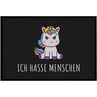 OM3® lustige Fußmatte mit Spruch - Einhorn - Ich Hasse Menschen - Fantasy Unicorn - rutschfest & waschbar - 60x40cm -