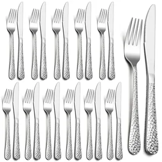 HaWare Steakbesteck Set für 12 Personen - 24-teilig, Edelstahl, Messer und Gabel mit Hammergriff, Steak/Pizza, Spülmaschinenfest