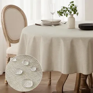 Beige Tischdecke rund 120 cm Durchmesser, wasserabweisendes Linnen-Tischdeckenmaterial, klein für Garten- oder Campingtisch, ideal für Hochzeiten, Geburtstage - Beige