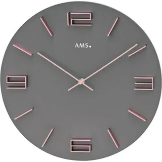 AMS W9590 Wanduhr grau lackiert mit aufgesetzten rosafarbenen Aluminium-Ziffern - Grau, Rosa