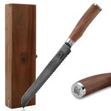 zayiko Kurumi Premium Brotmesser mit 20 cm Klinge gefertigt aus 67 Lagen echtem Damaststahl mit Nussbaumgriff I Holzbox I Damastmesser Küchenmesser und Profi Kochmesser