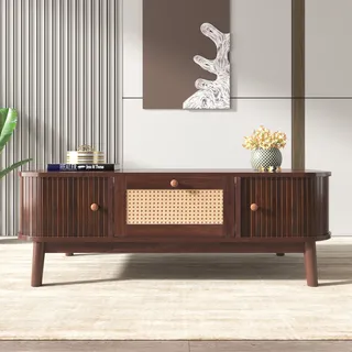 Merax Couchtisch Braun “Muses” mit Rattan, Kaffeetisch mit Schublade, Landhausstil - Braun