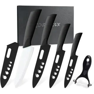 CORESLUX Keramikmesser Set, 4 Keramik Küchenmesser Set mit 1 Sparschäler, Antihaftbeschichtet, Scharf, Kochmesser, Messerkeramik Set zum Schneiden Obst Gemüse Fleisch (Weiß)