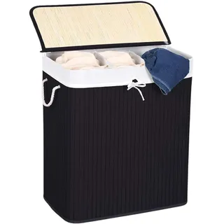Comart - Wäschekorb aus Bambus - 150 l - 3 Fächer - platzsparender Korb - zusammenklappbar - mit Deckel und Griffen - herausnehmbares Innenfutter - für Handtücher und Wäsche - für Wäsche und Bad