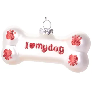 BRUBAKER Knochen I Love My Dog - Handbemalte Weihnachtskugel aus Glas - Mundgeblasener Christbaumschmuck Figuren lustig Deko Anhänger Baumkugel - 9.5 cm