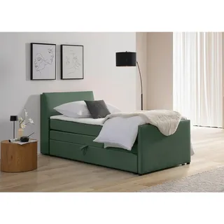 Mid.you Boxspringbett , Grün , Holz, Textil , Tanne , H3 , 7-Zonen , Höhe ca. 17 cm , 100x200 cm , Bettkasten, gepolstertes Kopfteil , Holzmöbel, Holzbetten, Boxspringbetten Holz