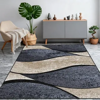 WQMMD Modern Waschbare Teppiche Wohnzimmer 140x200 cm Kurzflor Wellen Muster rutschfest Teppich Maschinenwaschbar für Esszimmer Büro jugendzimmer Schlafzimmer(Schwarz Anthrazit Beige)