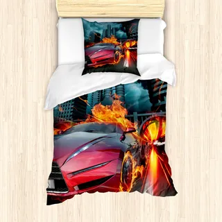 ABAKUHAUS Autos Mantele, Red Hot Concept Car Flames, Milbensicher Allergiker geeignet mit Kissenbezügen, 135 cm x 200 cm - 80 x 80 cm, Red Orange Blue - Rot
