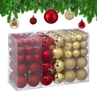 Relaxdays Weihnachtskugeln 100er Set, Weihnachtsdeko, matt, glänzend, glitzernd, Christbaumkugel ∅ 3, 4 & 6 cm, Gold/rot