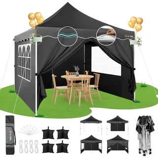 HOTEEL Faltpavillon 3x3 Wasserdicht Stabil Pop Up Pavillon Klappbar 3x3m Winterfest Partyzelt, mit 4 Seitenwänden, 4 Sandsäcken, 4 Seilen, 4 Heringen, Verdickte 0,6mm Randstange, 310cm Hoch, Schwarz