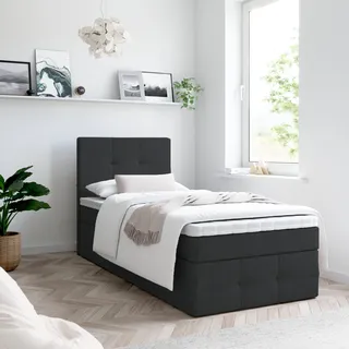 Boxspringbett, Kinderbett MERA PREMIUM MINI 80x200cm + Topper T25 mit Bettkasten, Einzelbett, Stauraum, Jugendbett (Schwarz - AURA 18) - Schwarz