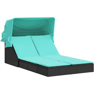 vidaXL Doppelte Sonnenliege mit Baldachin und Kissen, schwarzes Polyrattan - Schwarz