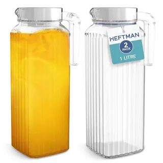 HEFTMAN Wasserkrug aus Glas für Kühlschrank – 2er-Pack (1 Liter) Krüge mit Deckel, geripptes Design, auslaufsicherer Auslauf, belüfteter Deckel, heiß/kalt, Eistee, Kaffee, Milch und Saft