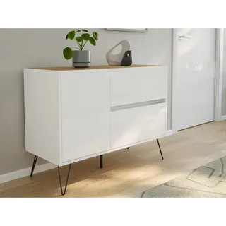 Posseik Sideboard Industrial S 2 Schubladen 1 Tür 100 cm Weiß Eiche Top