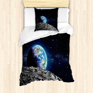 ABAKUHAUS Galaxis Mantele, Mondoberfläche Luna Entwurf, Milbensicher Allergiker geeignet mit Kissenbezügen, 135 cm x 200 cm - 80 x 80 cm, Grau Dunkelblau - Grau