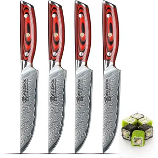 WILDMOK 13cm Damaskus Steak Messer Set, 4pcs Sharp Professional Steak Küchenmesser, 12,7 cm, japanische Super VG10 Stahl Multifunktions Küchenmesser mit vollem Tang G10 Griff
