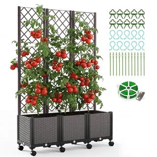 ZIKEBTUY 180x117x390CM Hochbeet mit Spalier und Rädern für Kletterpflanzen Pflanzkasten mit Sichtschutz für Tomaten, Gurken, Kletterrosen usw (Dreifach)