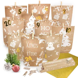 AMARI ® Adventskalender zum Befüllen - 24 Papier Adventskalender Tüten (mit Holzklammern) zum Basteln für Kinder - Papier Weihnachtskalender zum selber befüllen Tüten Weihnachtskalender selber basteln