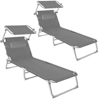 tectake Sonnenliege 2er Set Chloé, 190 x 68 x 111 cm, mit Seitentasche, grau , Grau , Kunststoff , 68x65x190 cm , Gartenmöbel, Gartenliegen