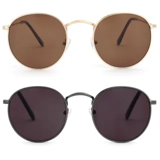 OPULIZE Sol Sonnenbrille 2er Pack Dünner Rand Runde Retro-Metallfassungen Kratzfest Getönte Linse UV400-Schutz Metallgrau Schwarze Gold Braun Herren Damen SS94-79
