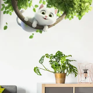 COVPAW Wandtattoo Süss Katze Schaukel Wandaufkleber Baum Ast Kinderzimmer Küche Wandsticker Wanddeko Babyzimmer Wohnzimmer Schlafzimmer Kindergarten (SchaukelKatze)