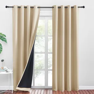 PONY DANCE Wohnzimmer Gardinen Blickdicht 2er Set 100% Verdunkelungsgardine mit Ösen Doppellagige und Dicke Vorhänge gegen Hitze Thermovorhang, Biscotti Beige, H 220 x B 140 cm