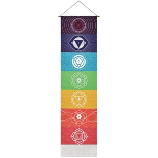 Yugarlibi Chakra Wandbehang, Meditation Yoga Wandteppich Bunt, Psychedelic Trippy Wandteppich mit Quaste, Mandala Tapisserie Wall Hangings für Schlafzimmer Wohnzimmer, Weiß Chakra 130x32.5cm