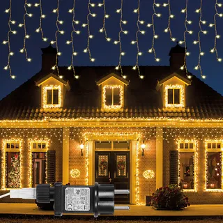 10M Eisregen Lichterkette Außen Innen Warmweiß Lichtervorhang 31V Weihnachtsbeleuchtung 400 LEDs Timer 8 Modi, Deko Fenster Garten Zimmer - Weiß