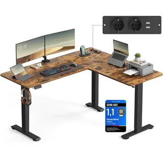 VASAGLE Höhenverstellbarer Schreibtisch elektrisch, L-förmiger Eckschreibtisch, 140 x 160 cm, mit Ladestation, Memory-Funktion mit 2 Höhen, für Homeoffice, vintagebraun-tintenschwarz LSD264K01