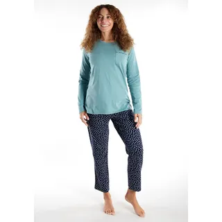 Schlafanzug GÖTZBURG "Katerini", Damen, Gr. 44 (XXL), grün (grün, hell, allover), Obermaterial: 100% Baumwolle, bequem lang, Rundhals, Homewear-Sets Schlafanzug, Rundhalsausschnitt, Langarm, lange Hose, Baumwolle, bequem
