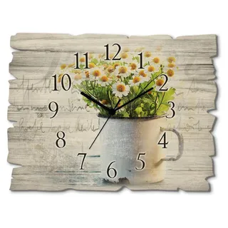 ARTland Holz Wanduhr Funkuhr - schwarzer Zeiger Frühlingsgarten mit Echter Kamille Größe: 40x30 cm - Grün