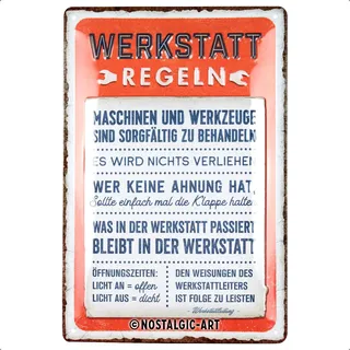 Nostalgic-Art Retro Blechschild, 20 x 30 cm, Werkstattregeln – Geschenk-Idee für Handwerker, aus Metall, Werkstatt-Deko im Vintage Design mit Spruch, Blechschilder Sprüche