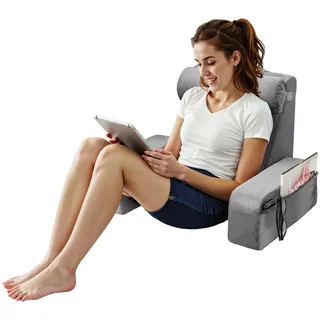 VEVOR Lesekissen für Bett Rückenkissen mit Armlehne & 3 Taschen, großes Bettkissen mit abnehmbarer Nackenstütze & 25D-Schwamm, Griff zum einfachen Tragen, zum Lesen Spielen Ausruhen Arbeiten, Grau