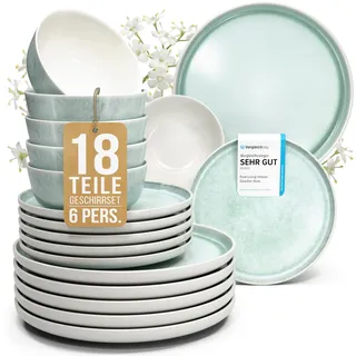 Steingut Geschirrset 6 Personen Ibiza 18 tlg. TESTSIEGER, Traumhaftes Mediterranes Steingut Geschirr Set, Schüssel- und Teller Set, Tafelservice 6 Personen, Geschirrsets Pure Living in Türkis