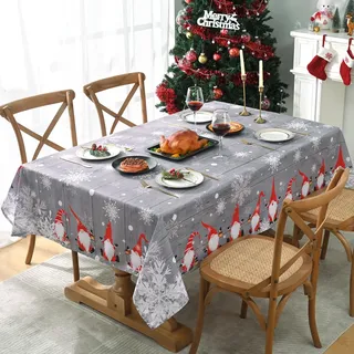Yrendenge Weihnachten Grau Tischdecke, Santa Schneeflocke Rechteckig Waschbar Tischdecke, Wasserdicht Tischtuch, Winter Festliche Party Home Decoration Tischtuch, 130 x 220cm