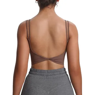 Aoxjox Damen Workout Sport BHS Fitness Gepolstert Rückenfrei Yoga Crop Tank Top Twist Back Cami, 1 Fudge Kaffee, small