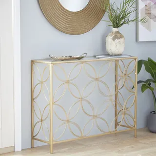 Deco 79 Konsolentisch aus Metall mit geometrischem, offenem Vierpassrahmen und Glasplatte, 42" x 12" x 32", Gold