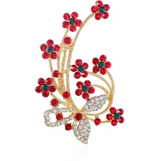 QUKE Damen Vintage Rot Rubin-Farbe Zirkonia Kristall Blumen Broschen Geschenk Einzigartiges Design