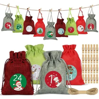 Adventskalender zum Befüllen Set 24 Weihnachtskalender Stoffbeutel Rot Grün - Rot, Grün