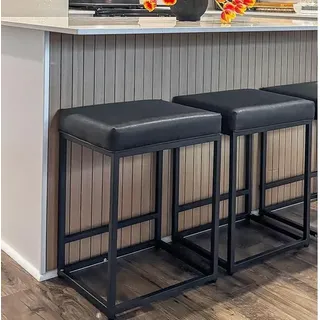 Barhocker 2er Set mit Fußstütze Schwarz Barstuhl ohne Lehne Barhocker Kunstleder Sitzhöhe 61cm Barstühle Rückenfreier Tresenhocker mit dickem Kissen und robustem verchromtem Metallgestell - Schwarz