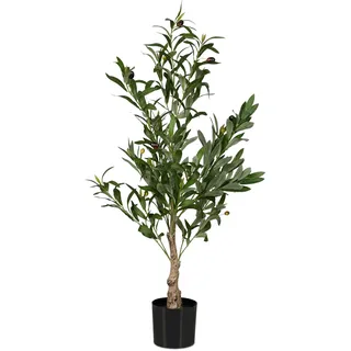 Relaxdays Olivenbaum künstlich, 90 cm hoch, Kunststoff, Stein, Kunstpflanze, Deko-Olivenbaum, Kunstbaum, grün/braun