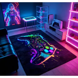 Generisch Gaming Teppich, Waschbar Neonfarbener Gamer Teppich für Spielzimmer, rutschfest Hochflor Teppich mit 3D Visual Controller Motiven, Deko Jugendzimmer Junge, 80x120cm